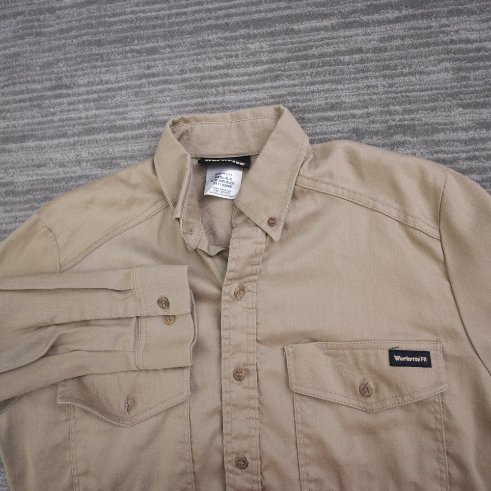 Workrite FR Shirt Button Up Mens Medium Khaki 6oz Amplitude Flame Resistant USA